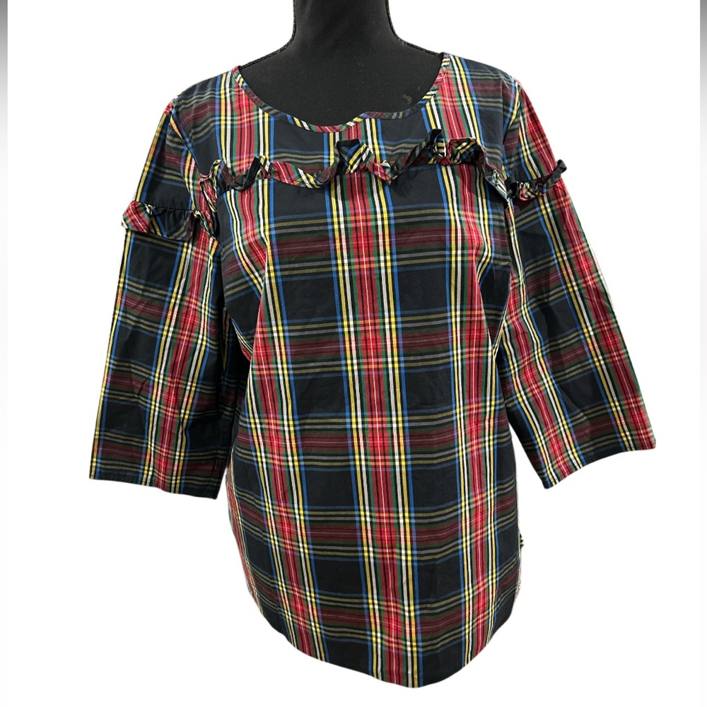 🔥TALBOTS! STEWART PLAID POPLIN RUFFLE POPOVER TOP! STUNNING! FESTIVE! LIKE NEW! - Picture 10 of 16